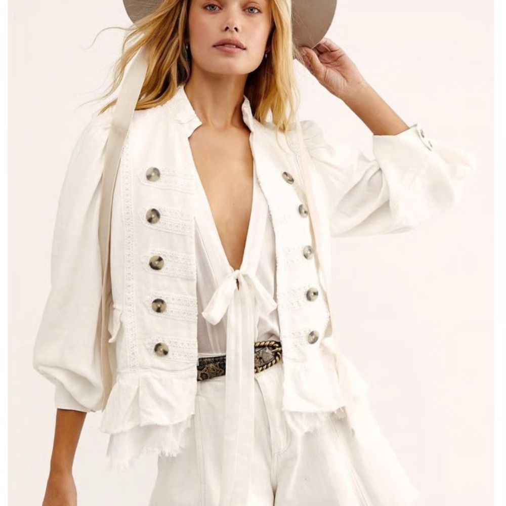Free People White Military-Style Buttoned Jacket
